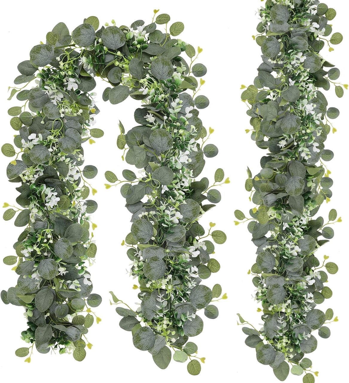 2 Pack Artificial Eucalyptus Garland with Flowers, Faux Greenery Garland Decor 6FT Eucalyptus Vines, Fake Hanging Vines Summer Garland for Mantle Wedding Backdrop Decorations 70.87"D x 6"W x 5.9"H